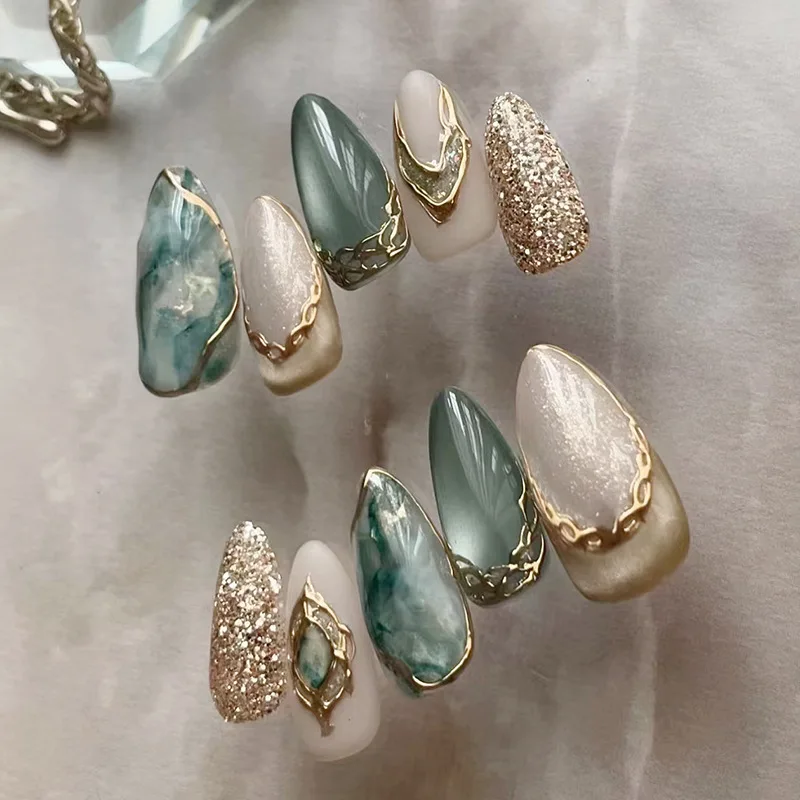 

24PCS Elegant Teal White Press on Nails Almond Gold Trim Glittery False Nails Reusable Acrylic Design Luxury Manicure for Daily