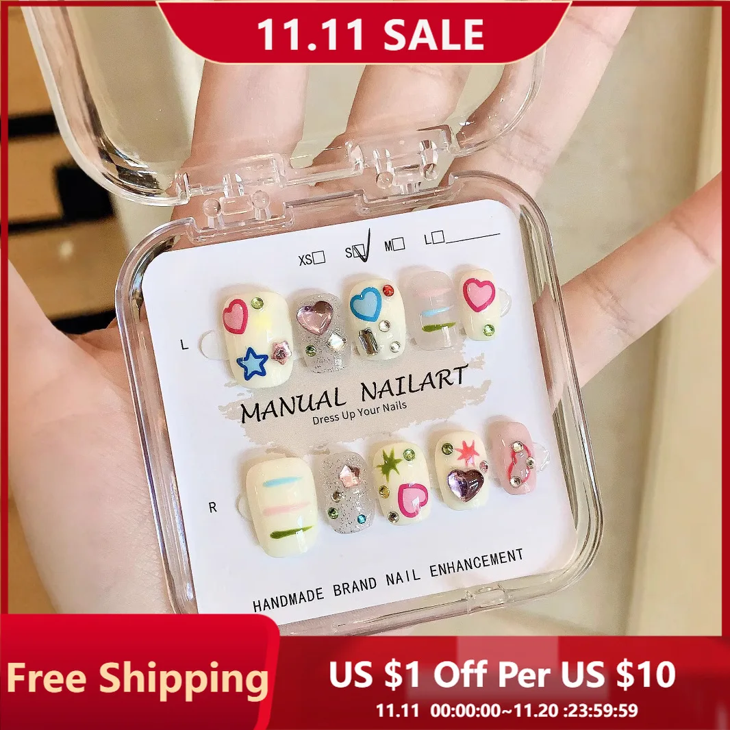 

10pcs Handmade Glitter False Nails Short Square False Nails with 3D Rhinestone Design Luxury Nail Art Set for Party Dance Wear