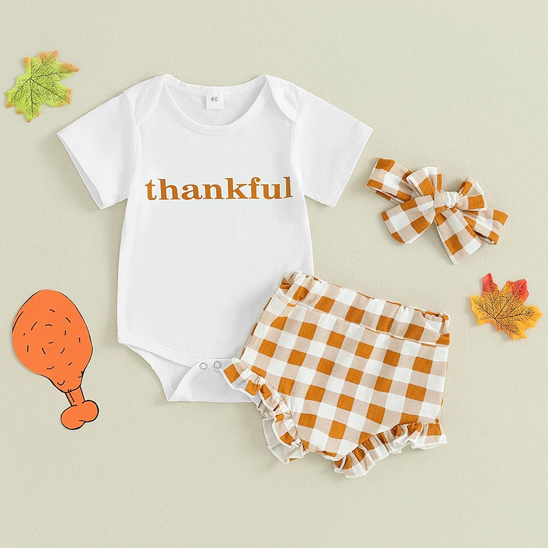 

Infant Girl Thanksgiving Jumpsuit Letter Short Sleeve Romper + Ruffled Plaid Print Shorts + Bow Headband