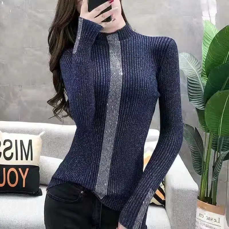 Temperament Autumn/Winter Sweaters New Women\'s Solid Turtleneck Diamonds Fashion Casual Long Sleeve Bottoming Shirt Knitted Tops