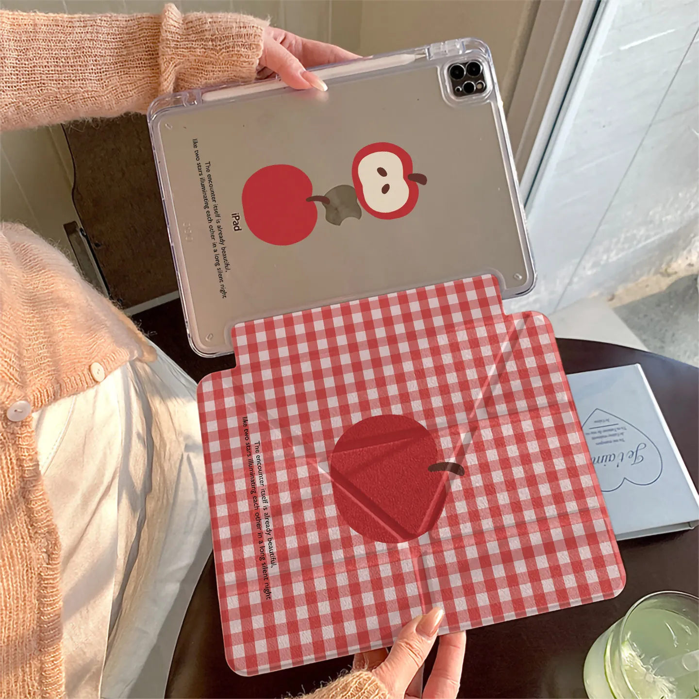 Ins Korea Red Checkered Apple Y2K Tablet Case For iPad Pro 13in 11th M5M4 12.9in A16 7/8/9/10th Air4/5/6/7 11in M2 M3 Mini Cover