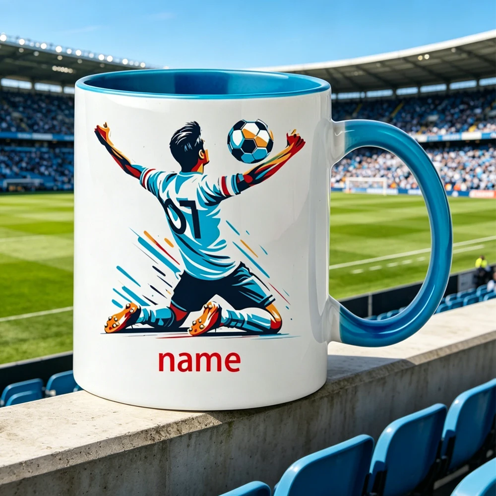 Personalized Football Player Mug - Custom Name/Text - Soccer Player Action Design with No.10 Jersey - Birthday, Christmas, Valen