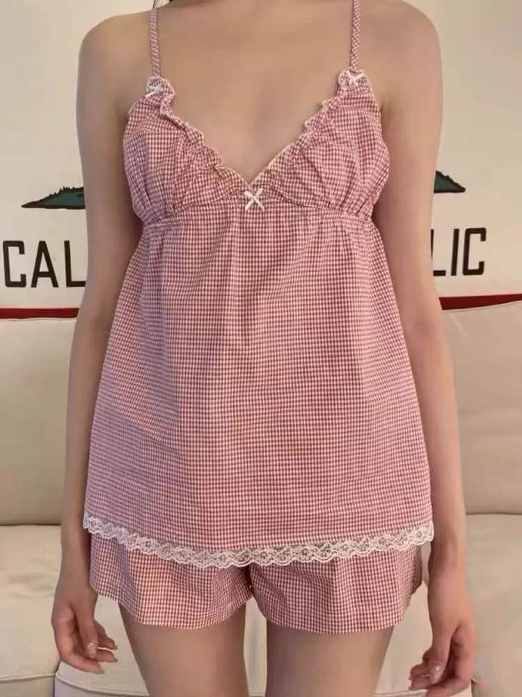 

Розовые клетчатые топы на бретелях и брюки, женские летние хлопковые майки с бантом и кружевной отделкой + короткие штаны с грибком, милые милые комплекты из двух предметов, одежда