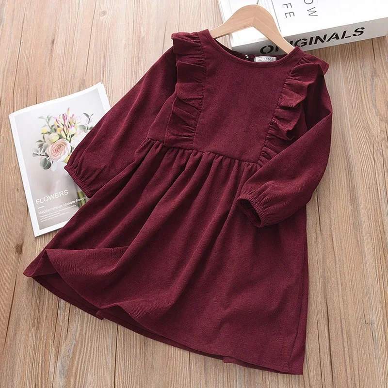 Spring Autumn New Solid Color Girls' Casual Dresses Wine Red Pink Coffee Long Sleeve Round Neck Daily Casual Children's Dress