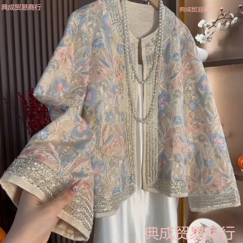 

Новинка 2023 года, женская одежда, жаккардовая куртка с вышивкой в национальном стиле для тяжелой промышленности, свободное женское пальто с круглым вырезом и длинными рукавами