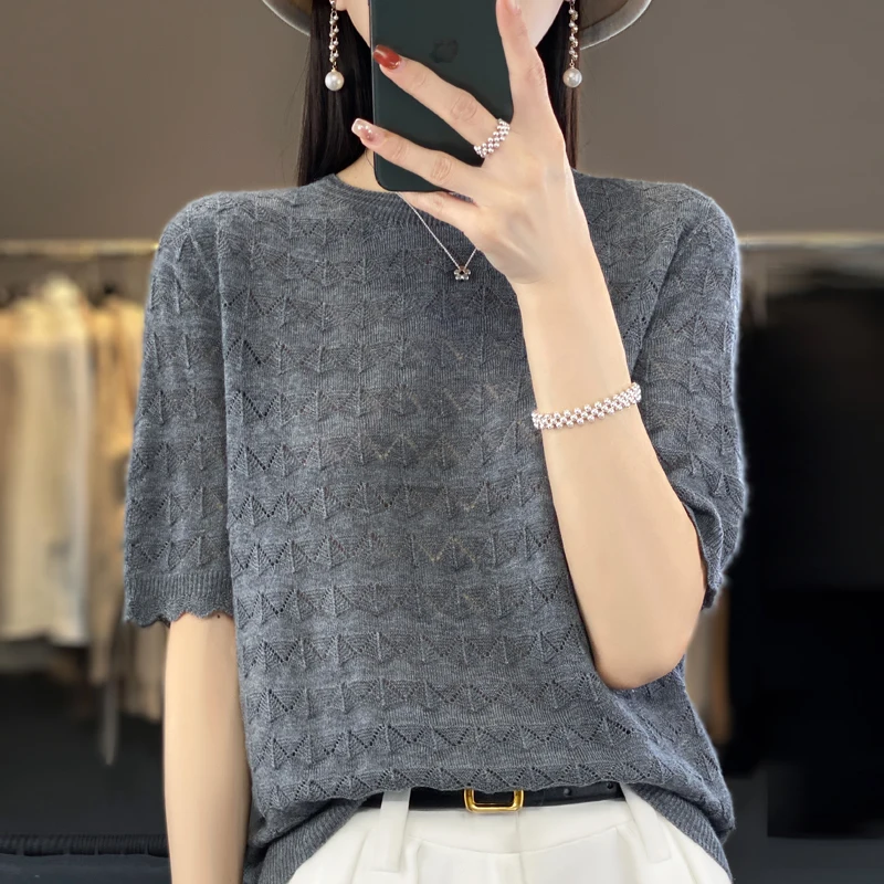 23 Spring Summer New Fine Imitation Wool Knitted Half Sleeves Women's Round Neck Solid Color Hollow Loose Fashion Style Top