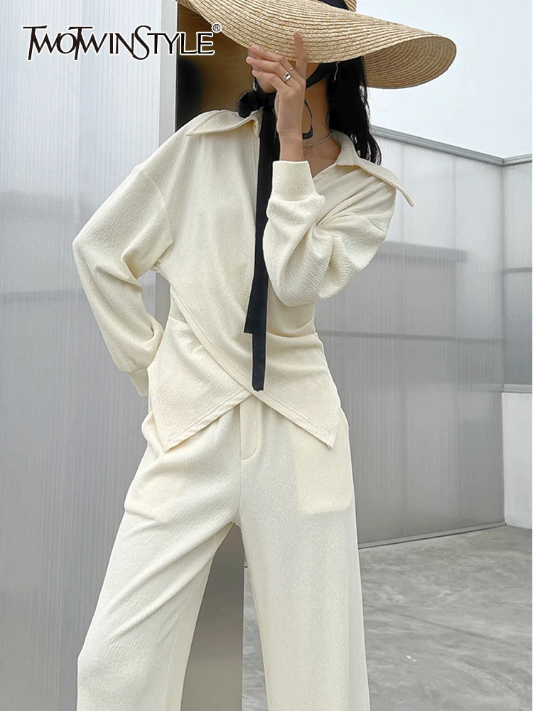 

TWOTWINSTYLE Slim Two Piece Sets For Women Lapel Long Sleeve Tops High Waist Full Length Wide Leg Pants Summer Set Female New