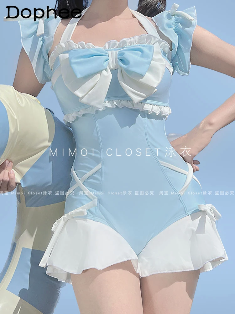 

Bath Suit Women 2024 Summer New Japanese Style Lolita Bow Girl Cute Blue Swimsuit Flounced Stitching Halter Bathing Swimsuit