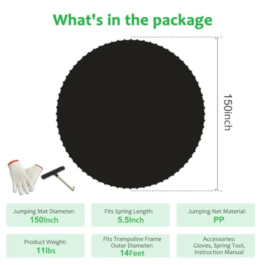 Replacement Trampoline Mat for 12/14/15ft Round Trampolines Heavy-Duty UV-Resistant Polypropylene Bounce Pad in Black Enhanced