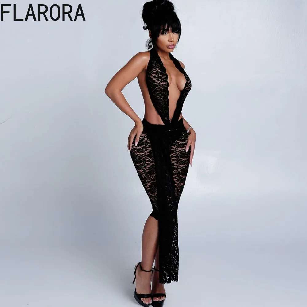 

FLARORA Sexy Lace Jacquard Halter Romper Woman V Neck Ribbon Patchwork Sleeveless Backless Midnight Party Clubwear Playsuits