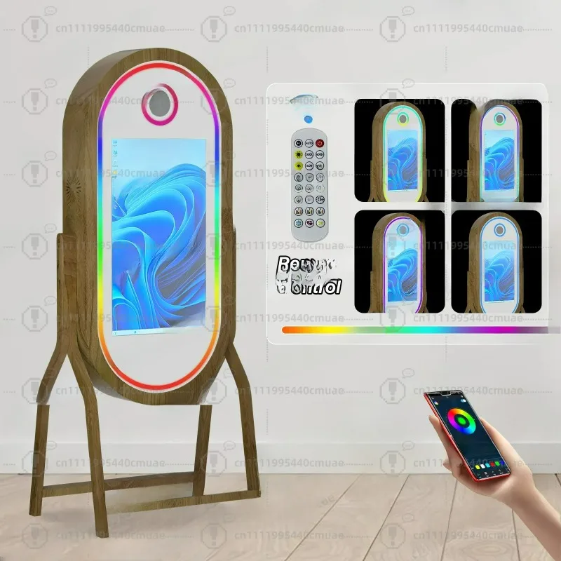 Solid Wood Oval Magic Mirror with Camera Light for Makeup Live Stream Vanity Studio