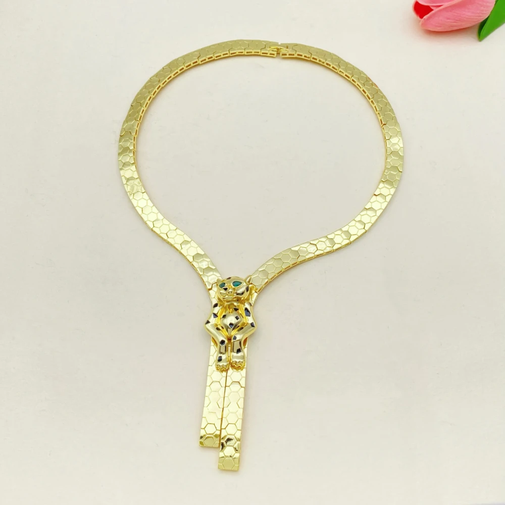 Falair Vintage Women Leopard Head Zircon Gold Plated Copper Set Bracelet Necklace Ring Earrings Jewelry