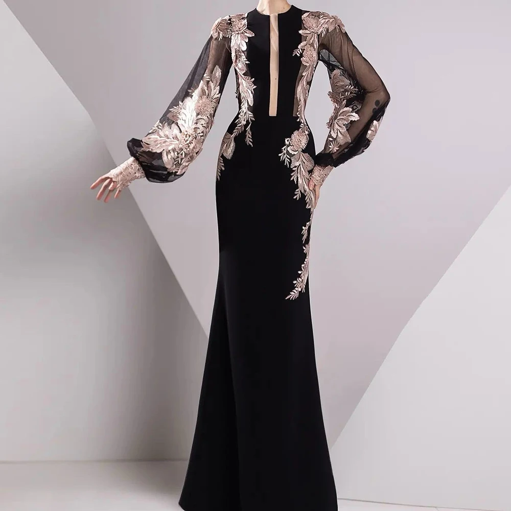 Customized A-line Evening Dresses Floor-length O-neck Full Sleeve Prom Gown Fashion Flowers Simple Draped Exquisite Party Gown