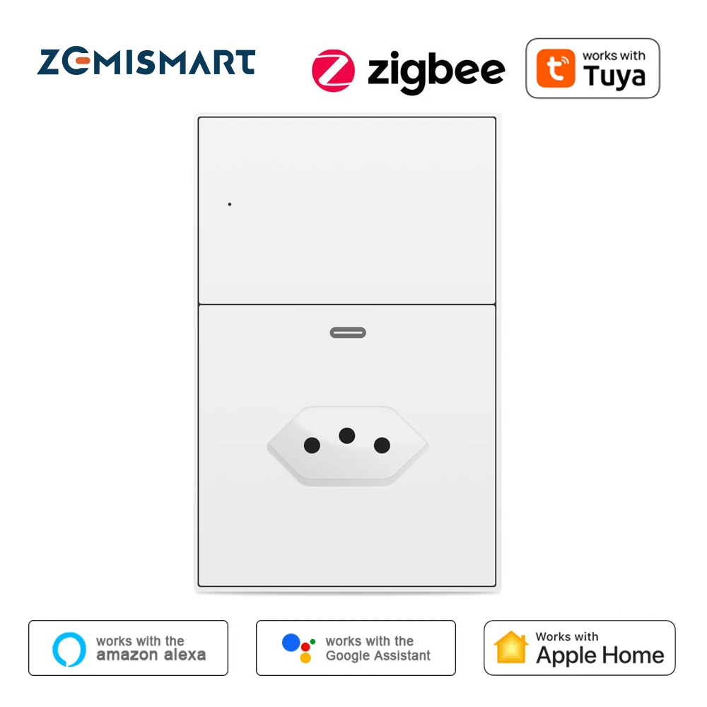 Zemismart Zigbee Smart Socket 10A Brazil Outlet with Type C Charging Port Smart Outlet Work with Tuya Home App Remote Control