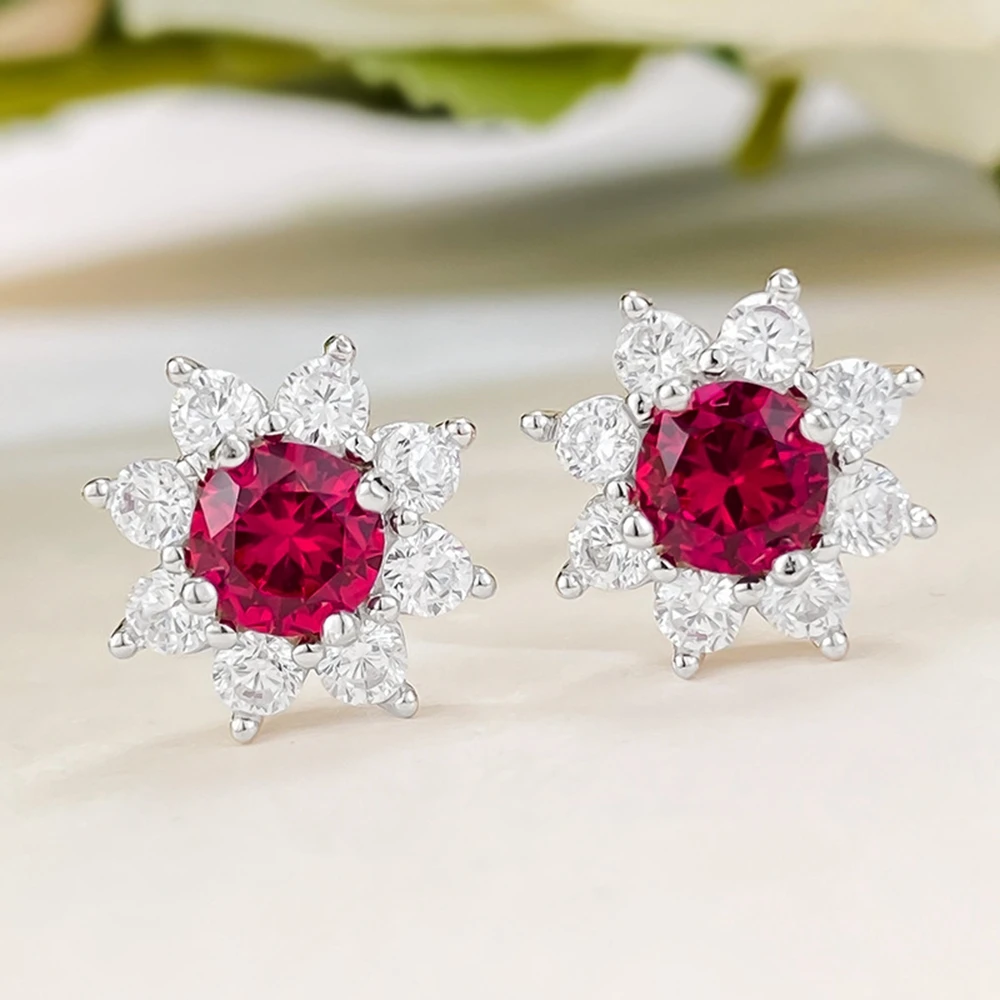 Vinregem 5MM Round Cut Ruby High Carbon Diamond Gemstone Vintage Flower Ear Studs Earrings 925 Sterling Silver Jewelry Wholesale