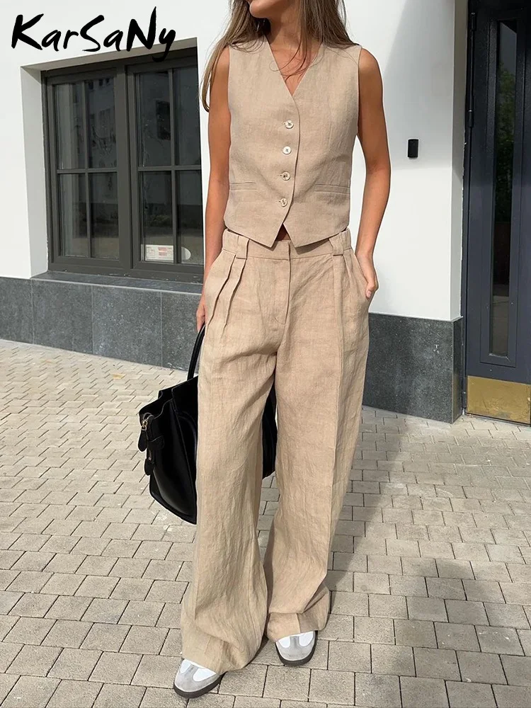 Sets For Women 2 Pieces Summer Casual Cotton Linen Solid Color Sleeveless Vest And Full Length Loose Pants Ladies Clothing Sales