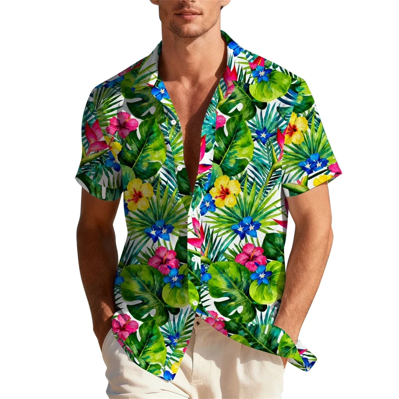 

3D Palm Leaf Printed Men Trendy Hawaiian Shirt Vintage Short Sleeve Shirts For Beach Vacation Shirts Casual Summer Women Blouse