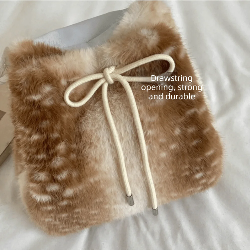 Retro Leopard Print Fluffy Shoulder Bag Deer Spot Warm Faux Fur Backpack Cute Solid Color Backpack Shopping