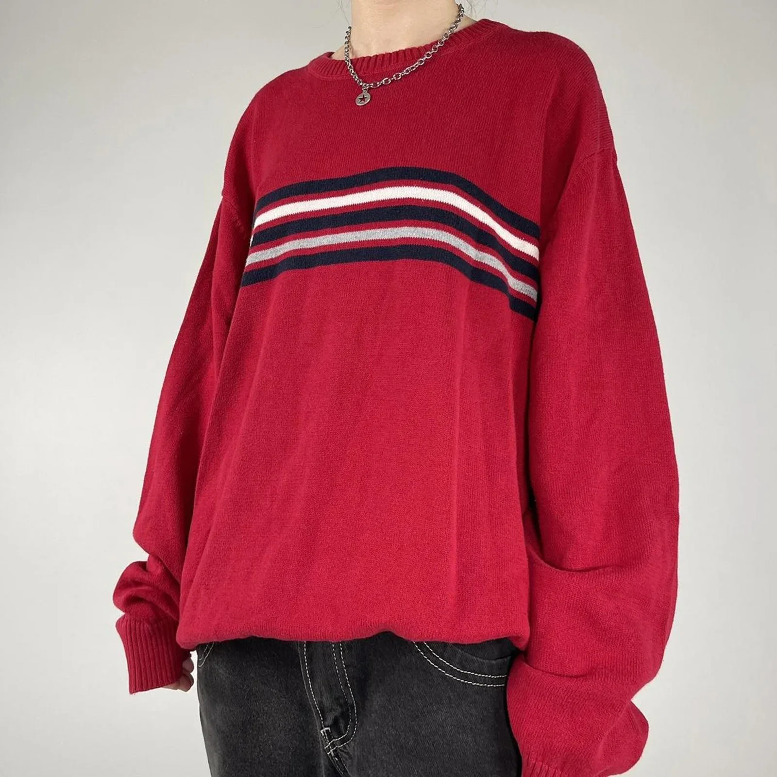 Frauen Y2K Herbst Gestreiften Ästhetischen Muster Pullover Off Schulter Langarm Rundhals Gestrickte Pullover Straße Casual Wear