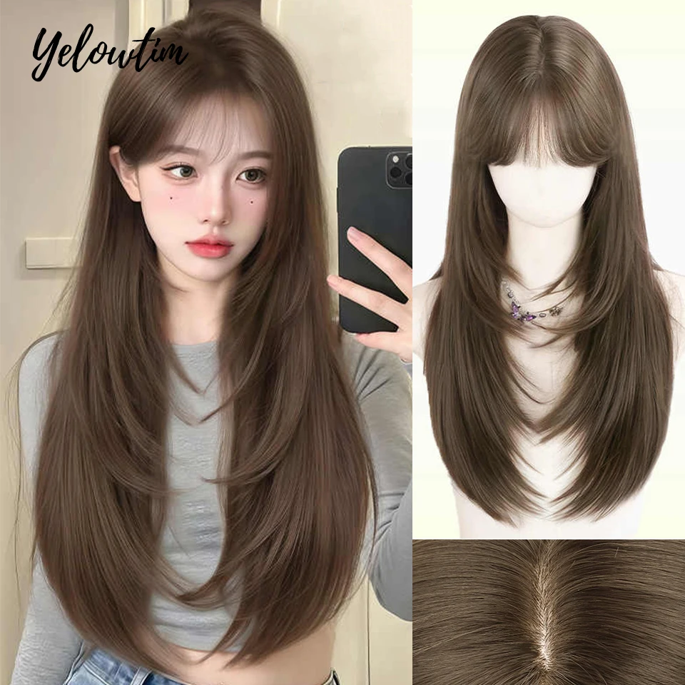 Perucas sintéticas longas naturais onduladas preto marrom loira perucas com franja cosplay festa lolita para mulheres fibra resistente ao calor denso lm