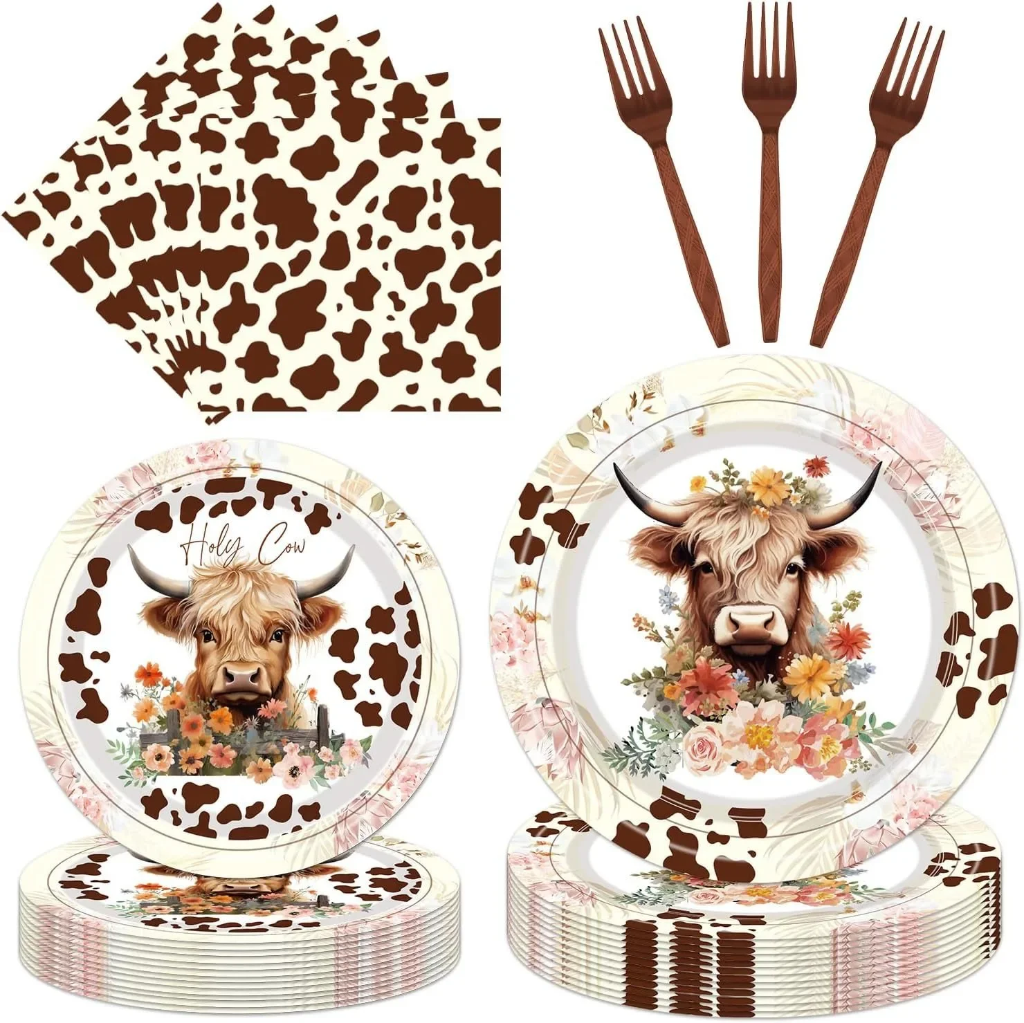 

10Guests Highland Cow Theme Disposable Tableware Holy Cow Plate Napkin Cartoon Animal Happy Boy Girl Cow Birthday Party Supplies