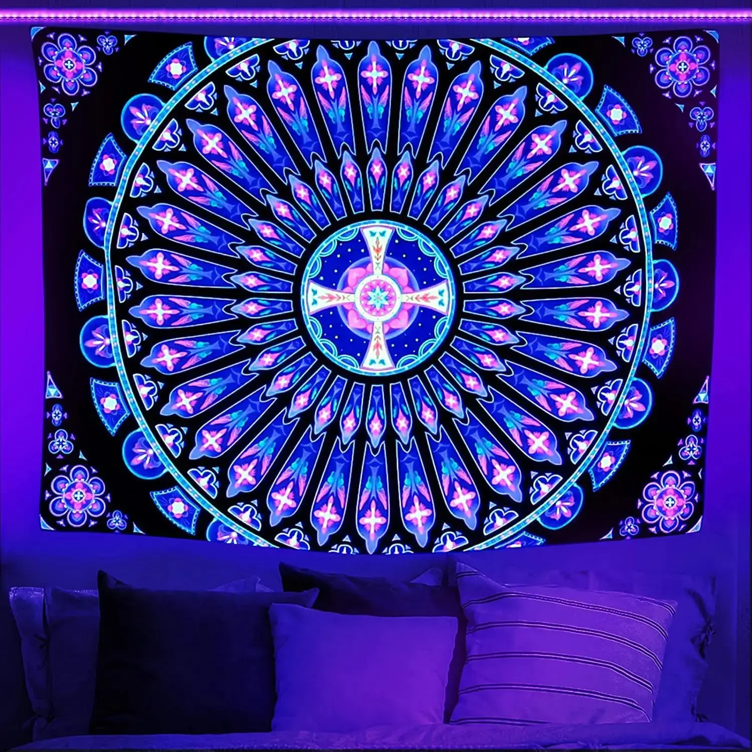VIKAMA UV Reactive Mandala Tapestry, Psychedelic Fluorescent Wall Hanging Black Light for Hippie Room Decor
