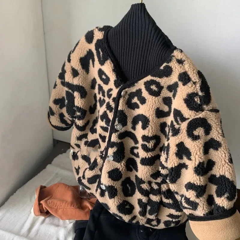 Girl Coat Leopard Print Plus Fleece Thickened Top Cotton-padded Coat 2024 New Winter Clothing Korean Simple Style Clothes