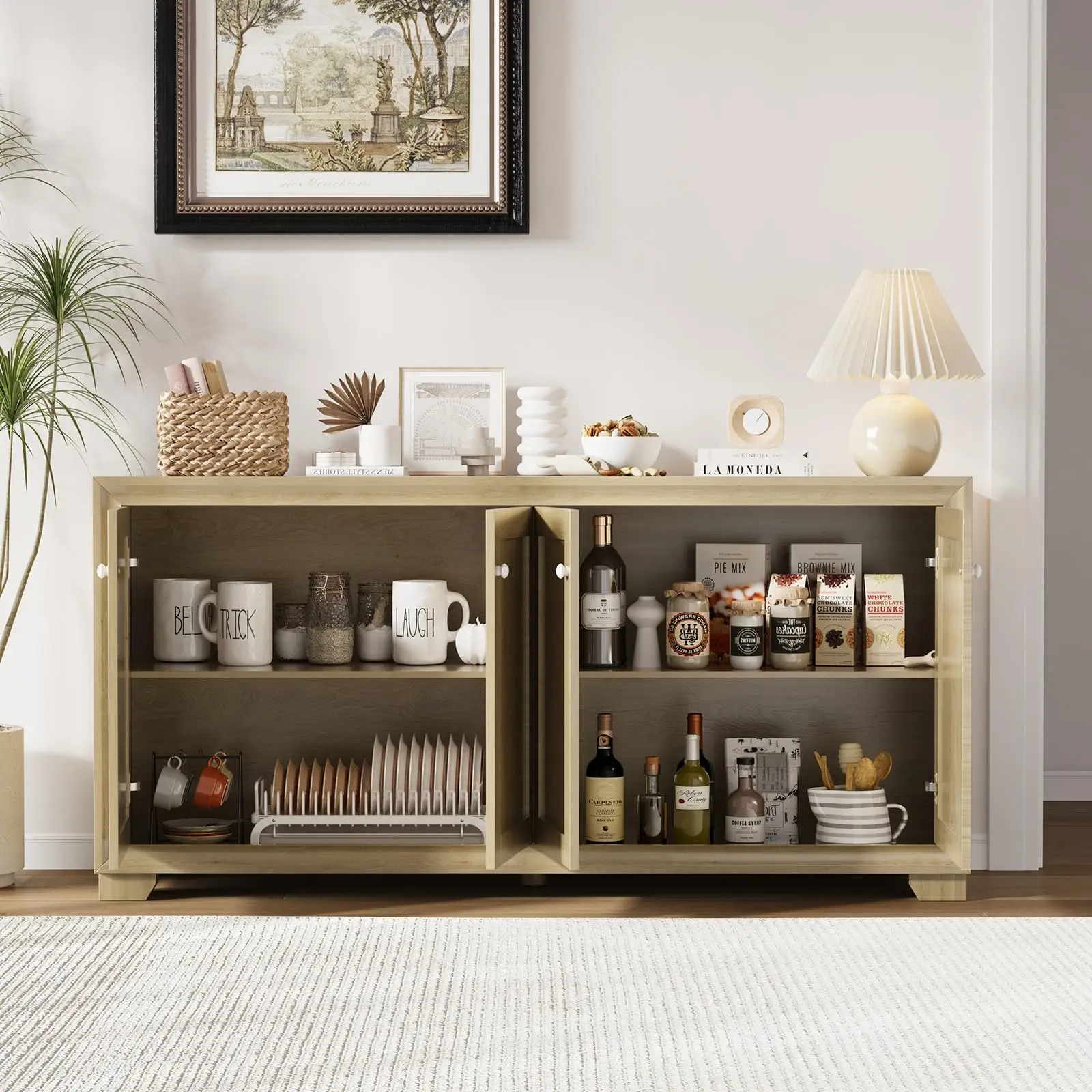 4 Doors Sideboard Buffet Cabinet with Storage, 60'' Buffet Cuisine with Adjustable Shelves & Anti-Tip Device, Coffee Bar Cabinet for Kitchen Dining & Living Room