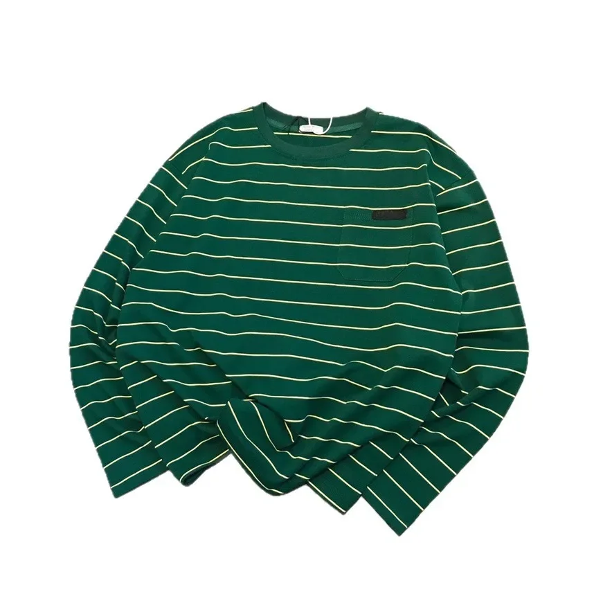 تي شيرت فضفاض مريح بأكمام طويلة تي شيرت نسائي أوائل الخريف للحماية من الشمس قميص عالي الإصدار Miu Home Stripe Pocket Sweatsh #5