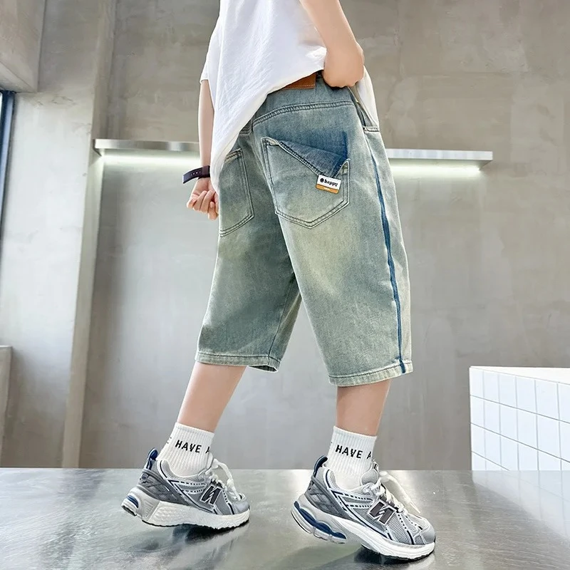 

Jeans Shorts High Quality Teenager Boy Broken Capris Pants Children New Summer Ripped Denim Shorts For Boy Elegant Kids Mid-Calf