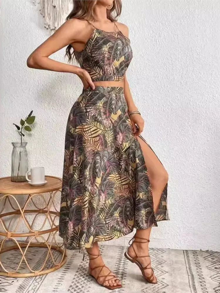 Women's Summer New Back Lacing Sexy Sleeveless Top With Hanging Straps Off The Waist Fashion Printed Dress Two Piece Set