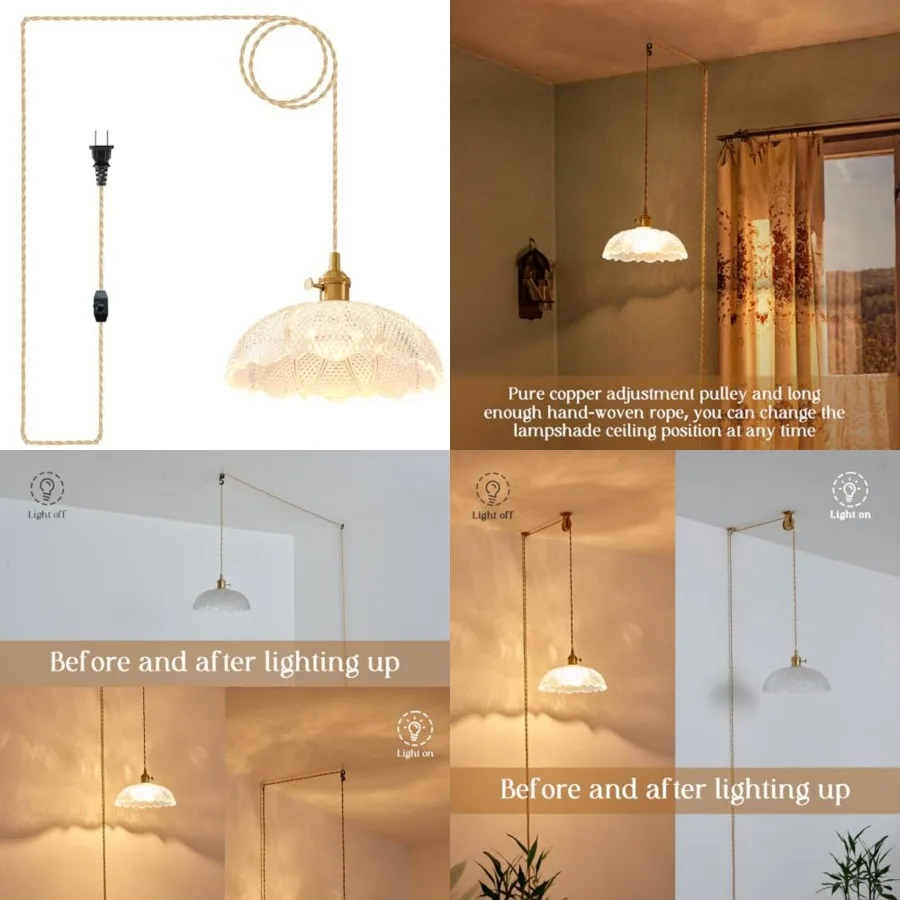 Hanging Lamp Plug in, Braided Adjustable 14Feet Light Cord Plug in Pendant Light 9.8 Inch Glass Lampshade Hanging Ceiling Light