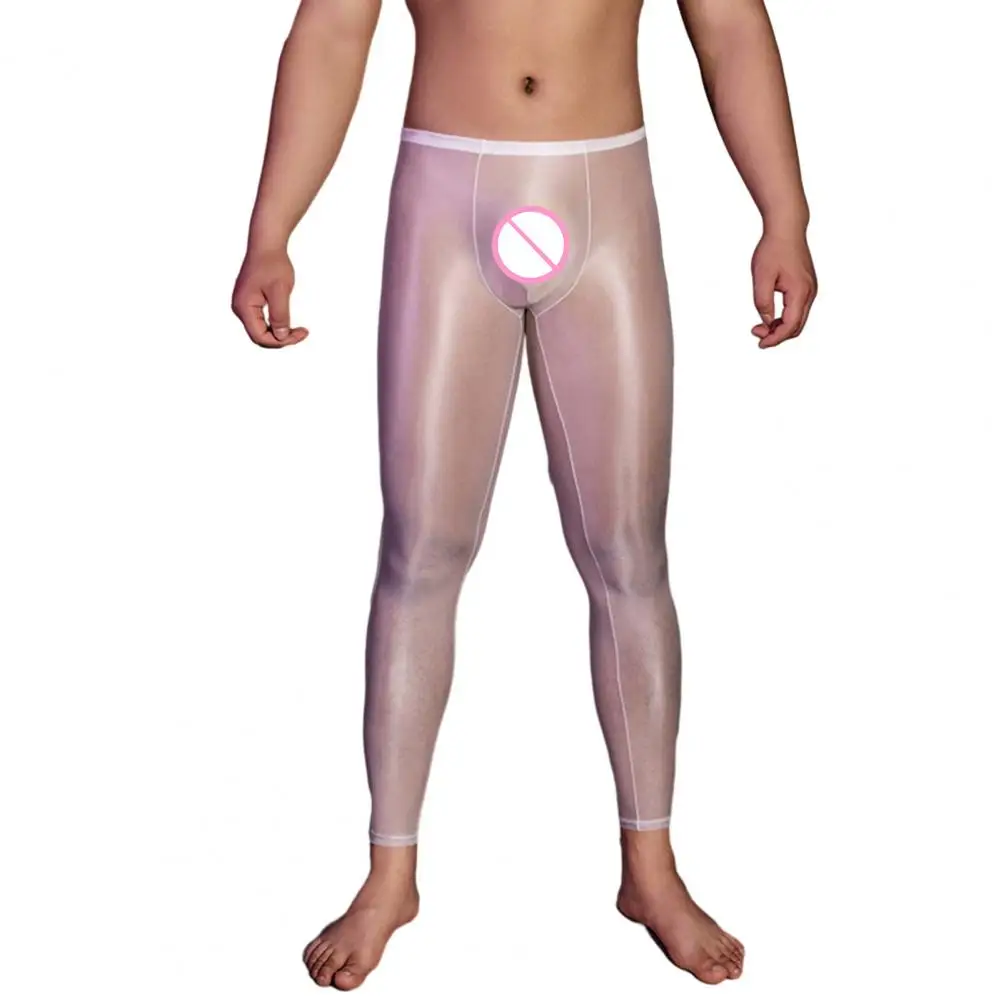 Men Sexy Long Pants See-Through Oil Glossy thin Stretchy Leggings Shiny Ice Silky Thermal Underwear Bottom Skinny Pants