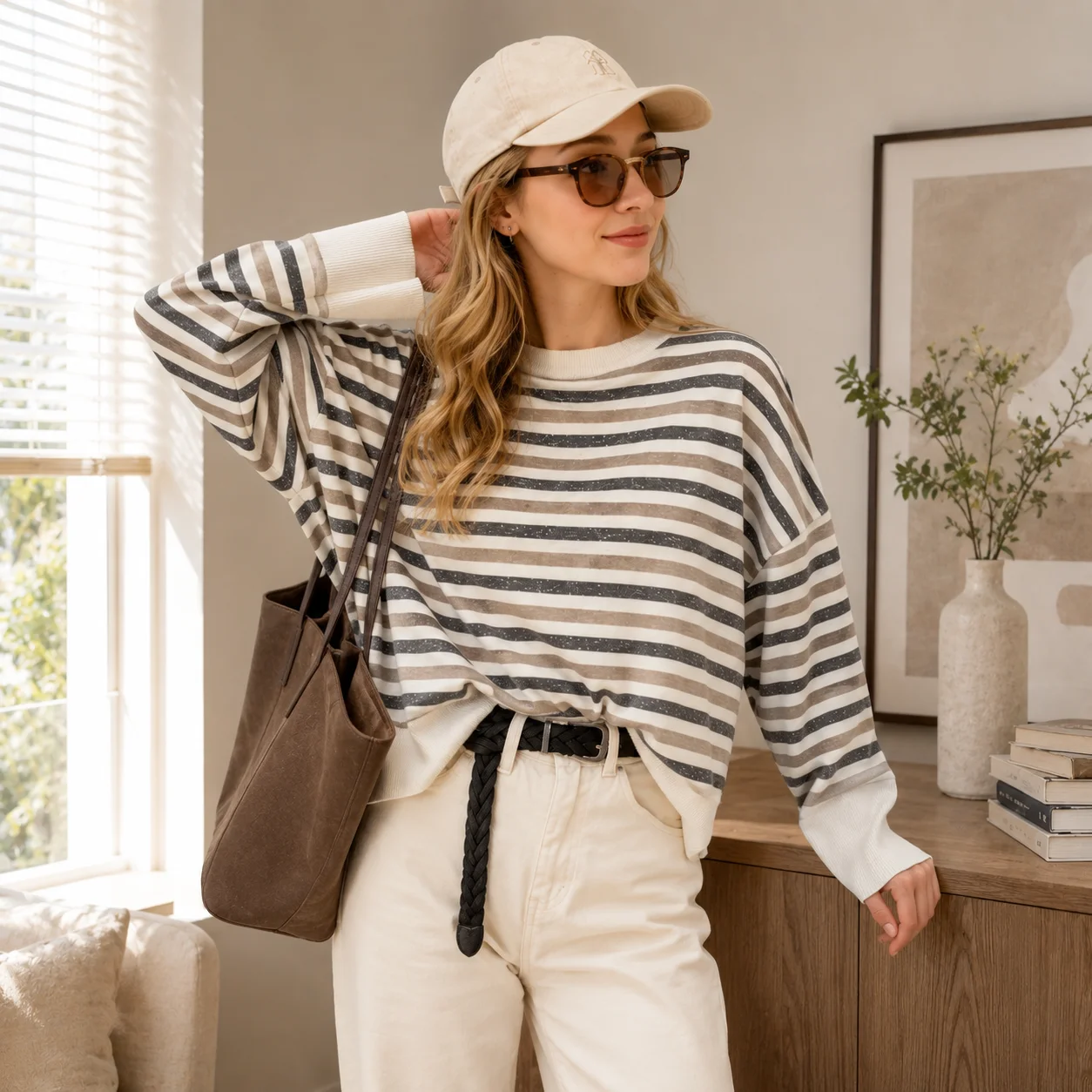 

BC Women's Fall Early Season New Product Striped Wool, Cashmere and Silk Blended Knitted Sweater With Shining Stripes