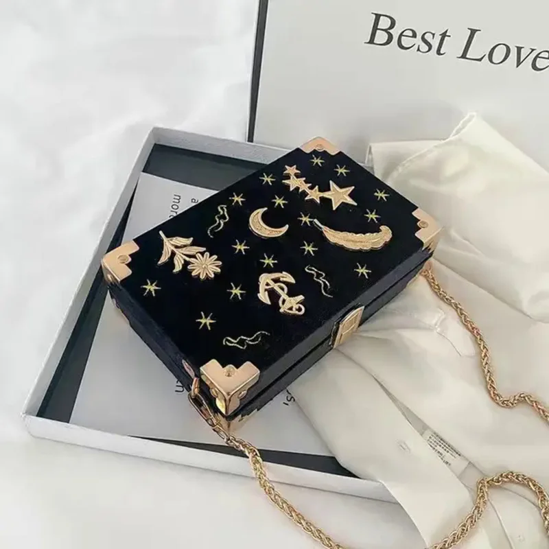 Velvet Small Square Bag For Women 2024 New Korean Embroidery Fashion Versatile Chain Single Shoulder Messenger Box Bag