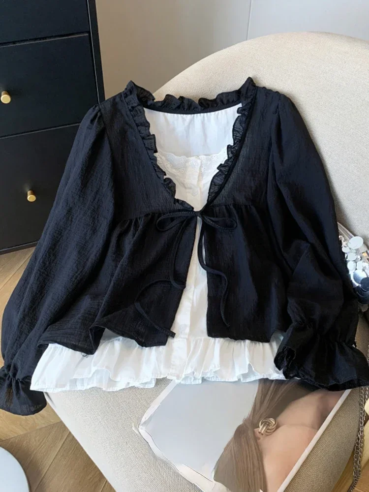 Fashion Elegant Blouses Fake Two Piece Patchwork Contrast Color Lace Up Folds Shirts Spring Autumn All Match Women Clothing 2024