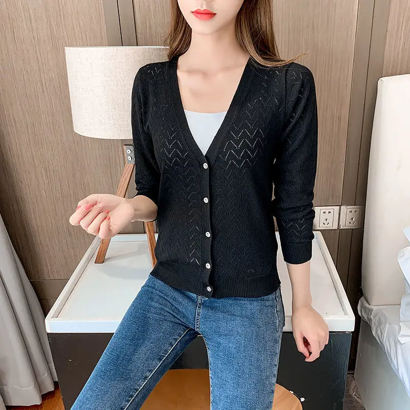 2024 New Knitted Sunscreen Cardigans Women's New Summer Thin Shawls Button V-collar Solid Short Air Conditioned Shirt Coats L108