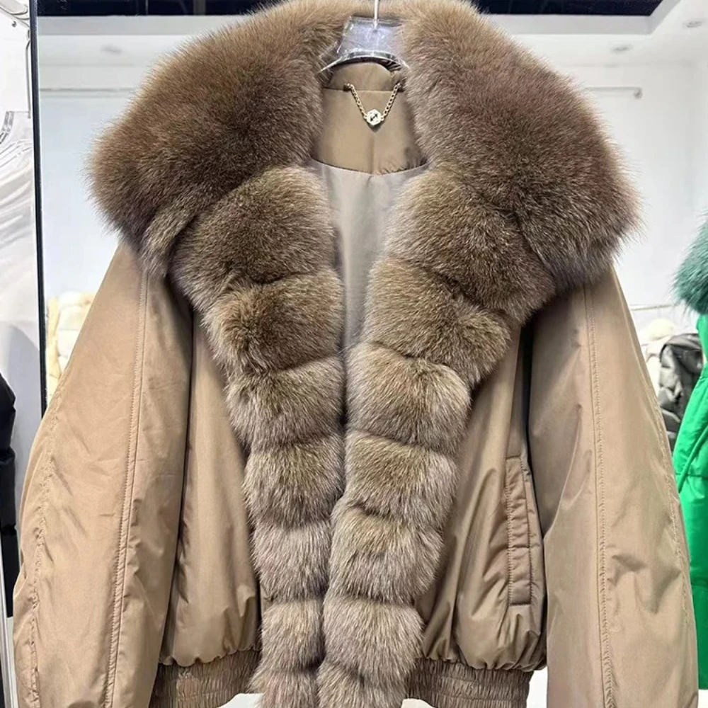 Elegancka Krótka Kurtka z Naturalnego Futra, 90% Białego Puchu Kaczy, Nowa Zimowa Kurtka Parka z Naturalnym, Dużym Kołnierzem z Futra Lisa, Damska, Luźna, Gruba i Ciepła