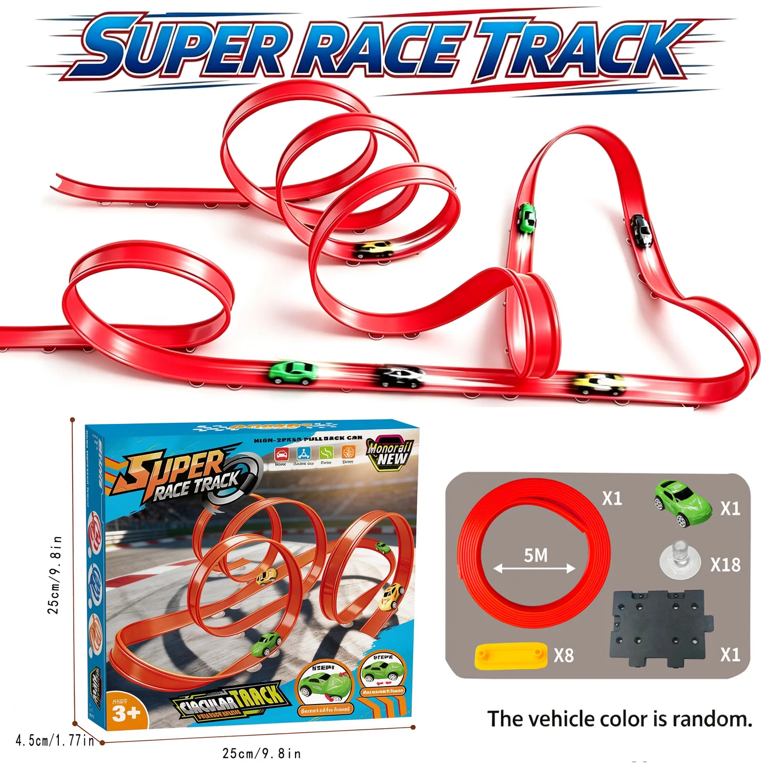 5m Portable Telescopic Pull-Back Racing Track Toy |   Suction Cup Design |   Randomly Mixed Small Cars |   Fun Family Activities |   Popular Party Favors and Holiday/Birthday Gifts