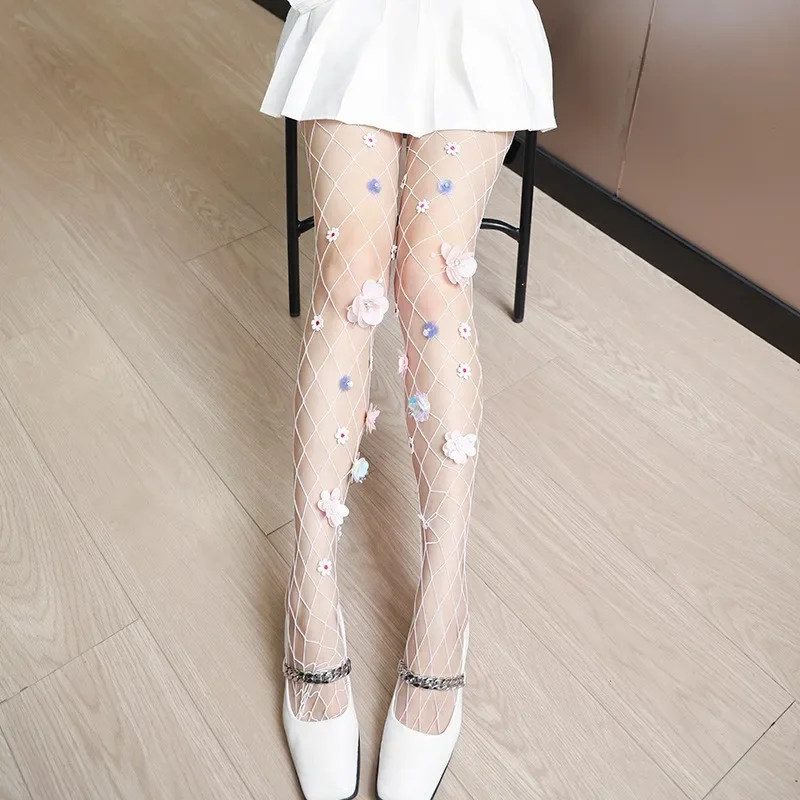 Sox collants résille pour femmes taille haute bas résille collants en maille Sexy avec couture collants Floral Appliqué perle collants