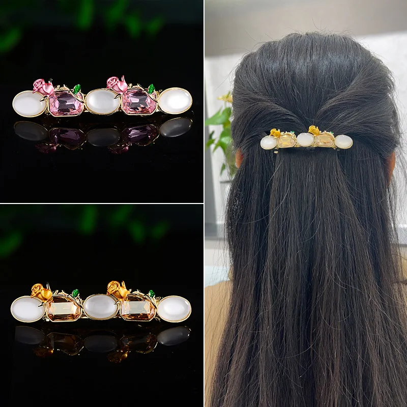 

Korean Sweet Enamel Handmade Flower Spring Clip Hair Clip One Word Clip Temperament Everything Adult Imitation Crystal Headdress