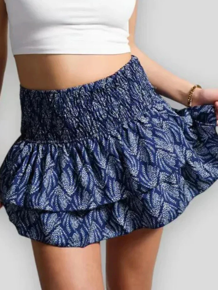 

Korean Version Retro High Waisted Women Beach Vacation Versatile Mini Skirt Summer Women's Fashion Printed Pleated Short Skirt