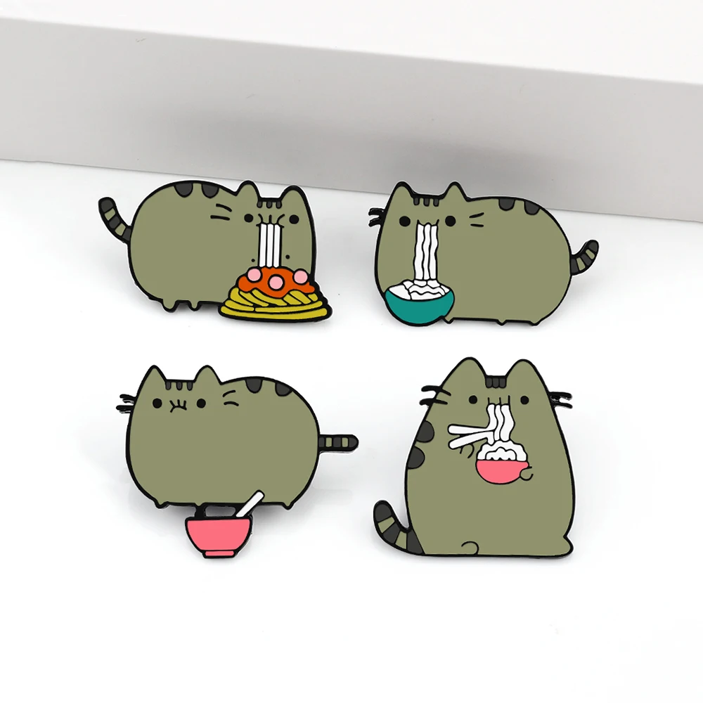 Greedy Fat Cats Enamel Brooch Lovely Kitten Eating Noodles Lapel Pins for Kids Funny Cartoon Animal Badge Denim Backpack Jewelry