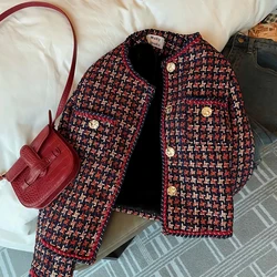 MEXZT Vintage Tweed Jacket Women Elegant Cropped Plaid Blazer Korean Fleece Suit Short Coats Winter Thick Warm Chic Outerwear