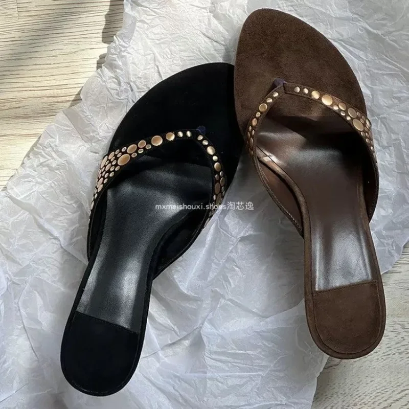 Rivets Studded High Heel Shoes Women Summer Flip Flop Sandals Sexy Thin Heels Shoes  Designer Sandals  Sandalen  Sandalias