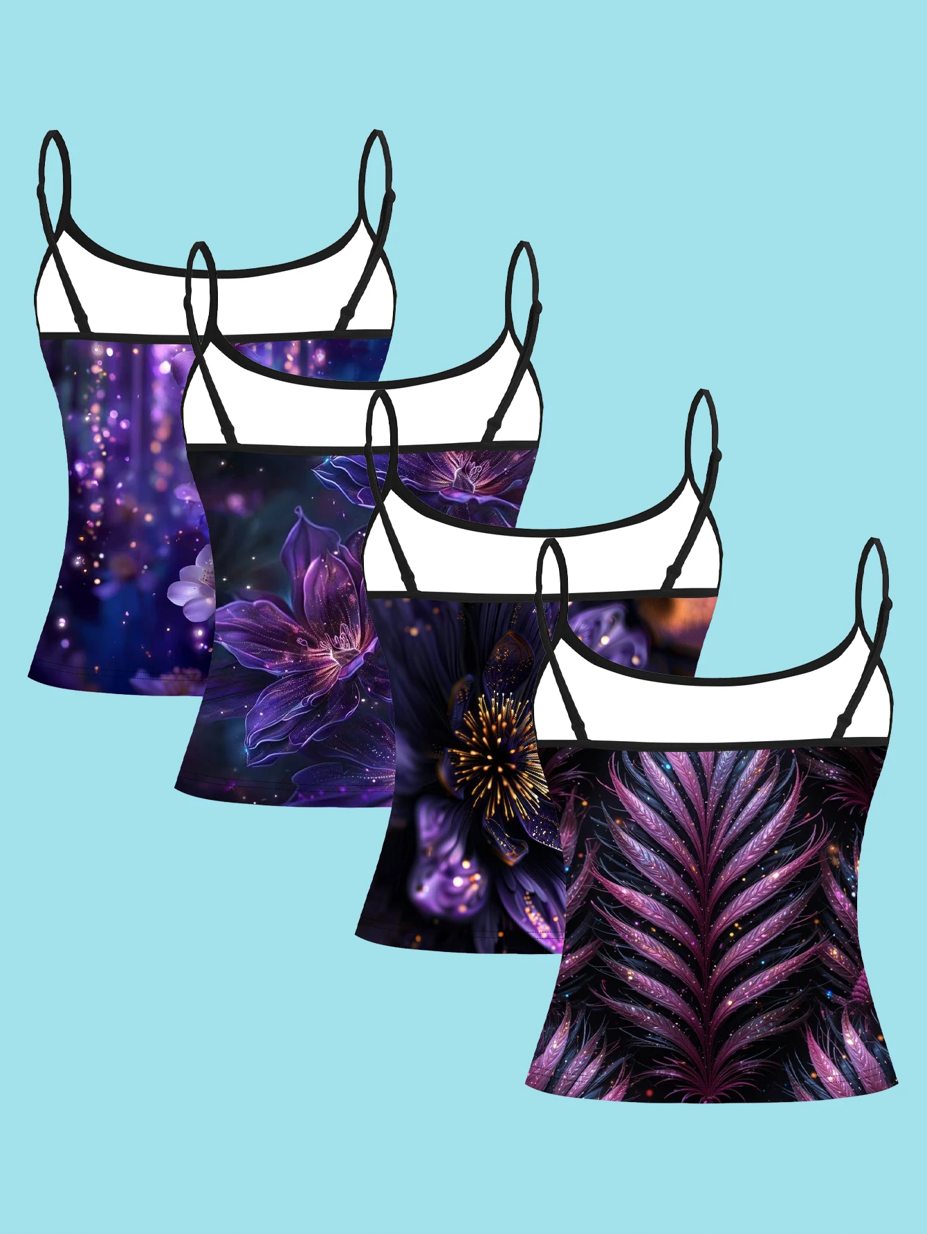 Women's 4-Piece Printed Camisole Set: Spotted Forest Purple Flowers, Large Flowing Purple Lotus Flowers, Gold Core Radiating Purple Flowers, Gradient Purple Feather Pattern, Slim-Fit Sleeveless Outerwear Base Layer Top