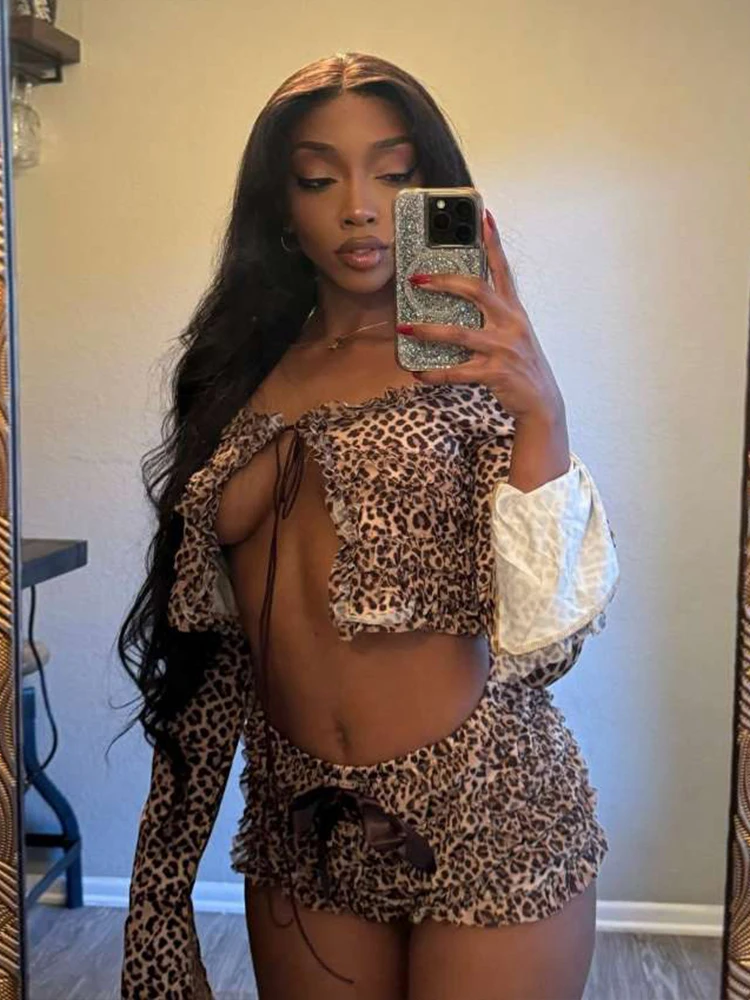 Weird Puss Leopard Print Sexy 2 Piece Set Women Elegant Lace Up Slash Neck Crop Tops+Elastic Shorts Matching Streetwear Outfits