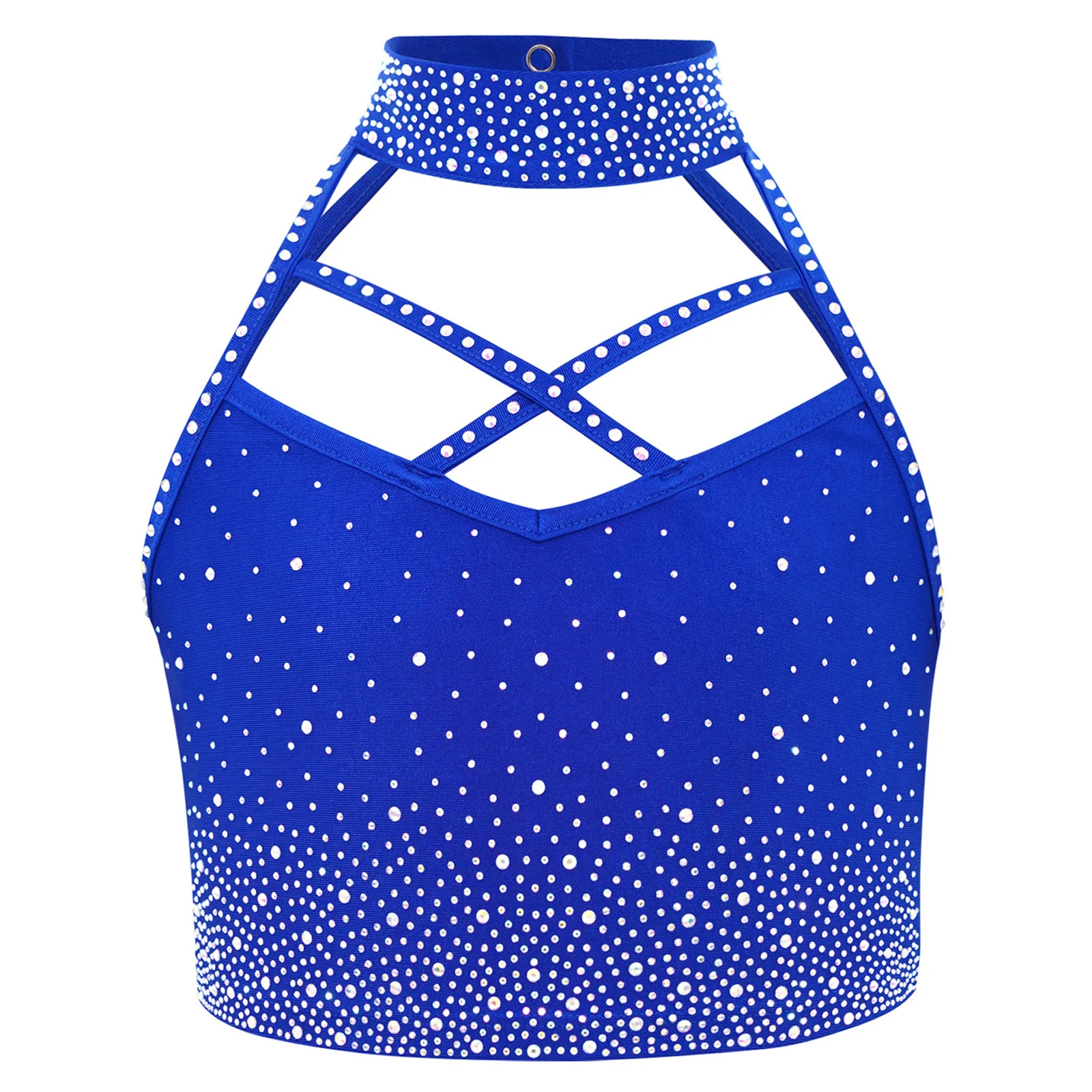 Kids Girls Ballet Dance Tank Top Halter Sleeveless Cross Front Rhinestones Ice Skating Crop Top Gymnastics Performance Costume