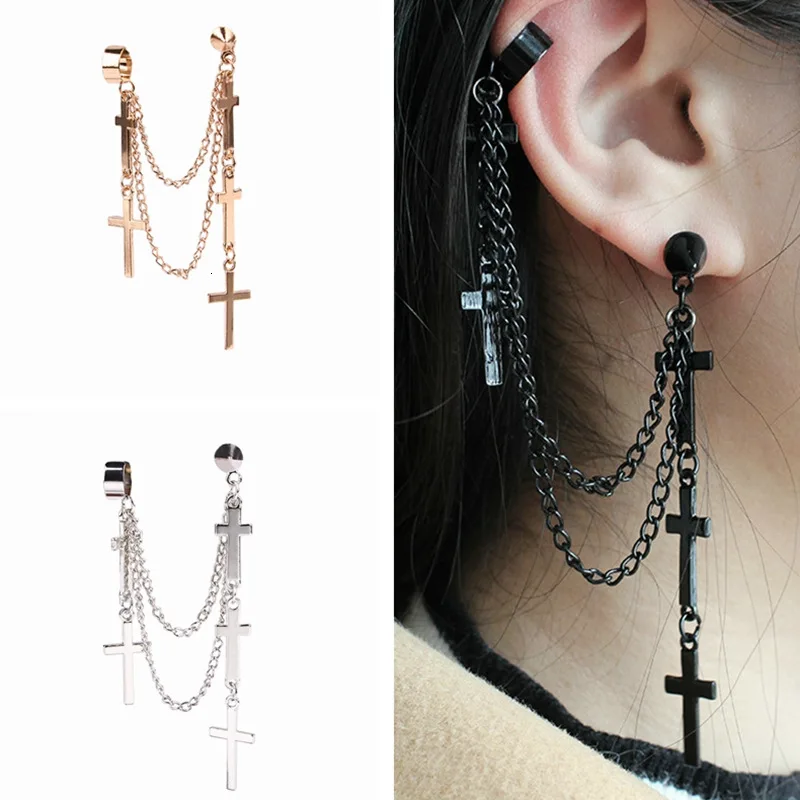 1 Pcs Fashion Cross Tassel Chains Ear Cuff Earrings for Women Girls Gothic Punk Style Cross Pendant Clip Earring Trendy Jewelry