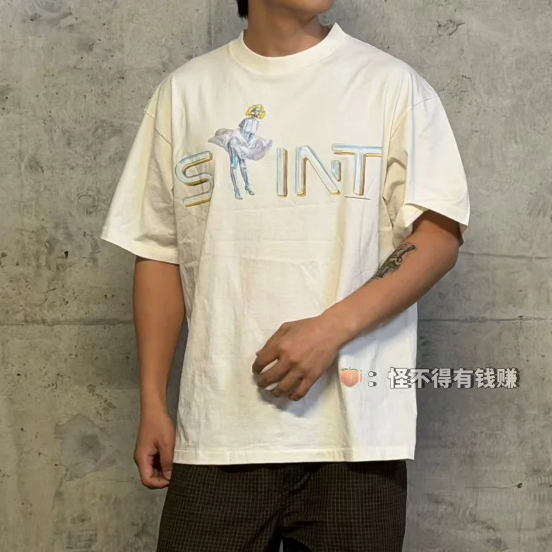 Authentic SAINT Lettering Girls' T-Shirt 26SS Summer Round Neck Washed Cotton Oversized Short-Sleeve T-Shirt